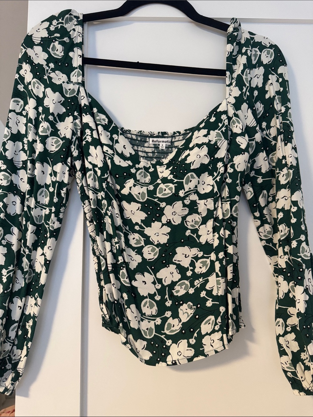 Reformation Forest Green and White Floral Square-Neck Blouse